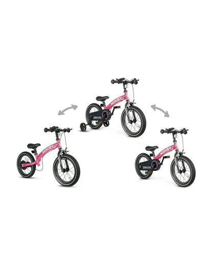 Qplay Miniby 3 in 1 Bike (14 Inch)-Balance Bike, Bicycle with Training Wheel Mode & Bicycle Mode-Adjustable Handlebar & Seat Height-Steering Limiter For Additional Safety-For 2.5 to 8Y-Pink