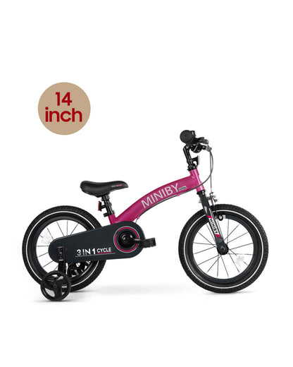 Qplay Miniby 3 in 1 Bike (14 Inch)-Balance Bike, Bicycle with Training Wheel Mode & Bicycle Mode-Adjustable Handlebar & Seat Height-Steering Limiter For Additional Safety-For 2.5 to 8Y-Pink