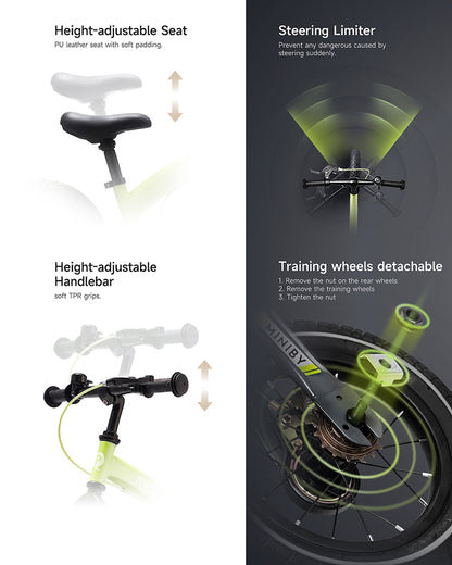 Qplay Miniby 3 in 1 Bike (14 Inch)-Balance Bike, Bicycle with Training Wheel Mode & Bicycle Mode-Adjustable Handlebar & Seat Height-Steering Limiter For Additional Safety-For 2.5 to 8Y-Grey