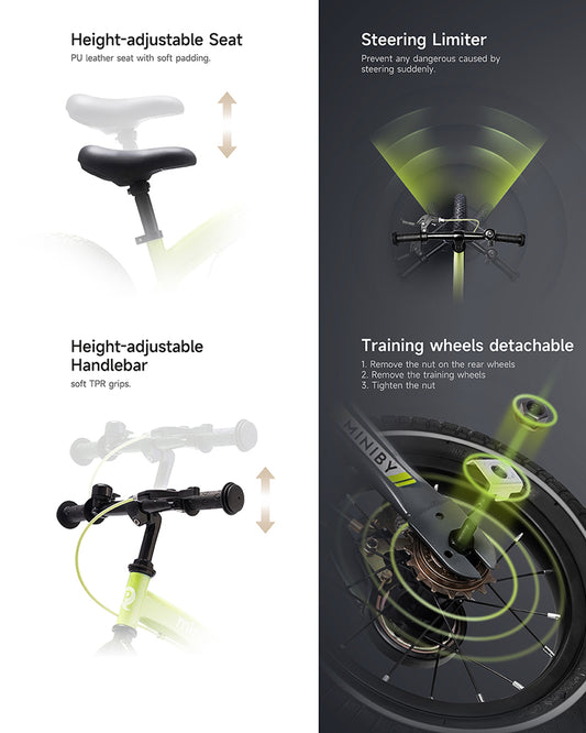 Qplay Miniby 3 in 1 Bike (14 Inch)-Balance Bike, Bicycle with Training Wheel Mode & Bicycle Mode-Adjustable Handlebar & Seat Height-Steering Limiter For Additional Safety-For 2.5 to 8Y-Grey