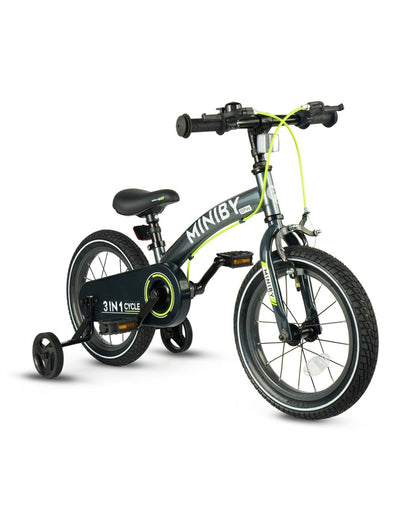Qplay Miniby 3 in 1 Bike (14 Inch)-Balance Bike, Bicycle with Training Wheel Mode & Bicycle Mode-Adjustable Handlebar & Seat Height-Steering Limiter For Additional Safety-For 2.5 to 8Y-Grey
