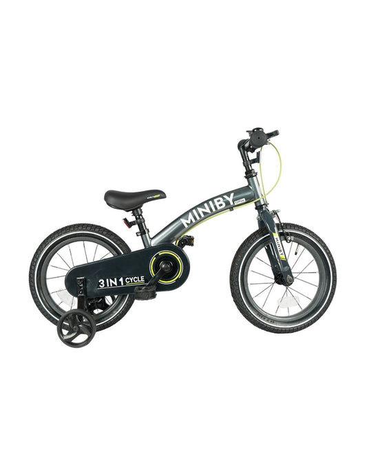 Qplay Miniby 3 in 1 Bike (14 Inch)-Balance Bike, Bicycle with Training Wheel Mode & Bicycle Mode-Adjustable Handlebar & Seat Height-Steering Limiter For Additional Safety-For 2.5 to 8Y-Grey