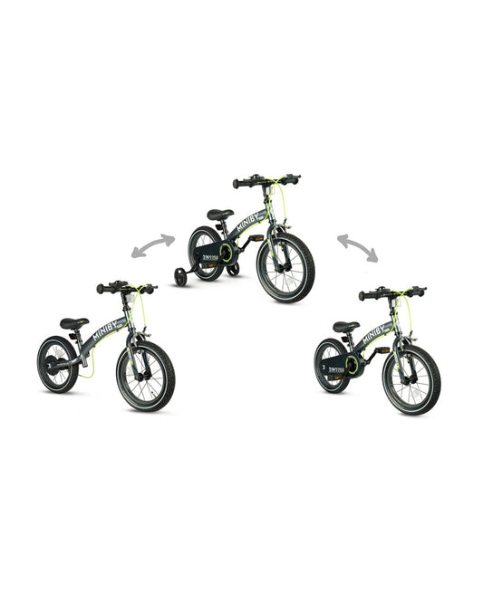 Qplay Miniby 3 in 1 Bike (14 Inch)-Balance Bike, Bicycle with Training Wheel Mode & Bicycle Mode-Adjustable Handlebar & Seat Height-Steering Limiter For Additional Safety-For 2.5 to 8Y-Grey