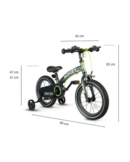 Qplay Miniby 3 in 1 Bike (14 Inch)-Balance Bike, Bicycle with Training Wheel Mode & Bicycle Mode-Adjustable Handlebar & Seat Height-Steering Limiter For Additional Safety-For 2.5 to 8Y-Grey