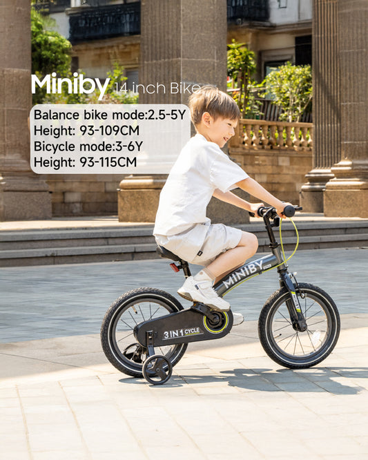 Qplay Miniby 3 in 1 Bike (14 Inch)-Balance Bike, Bicycle with Training Wheel Mode & Bicycle Mode-Adjustable Handlebar & Seat Height-Steering Limiter For Additional Safety-For 2.5 to 8Y-Grey