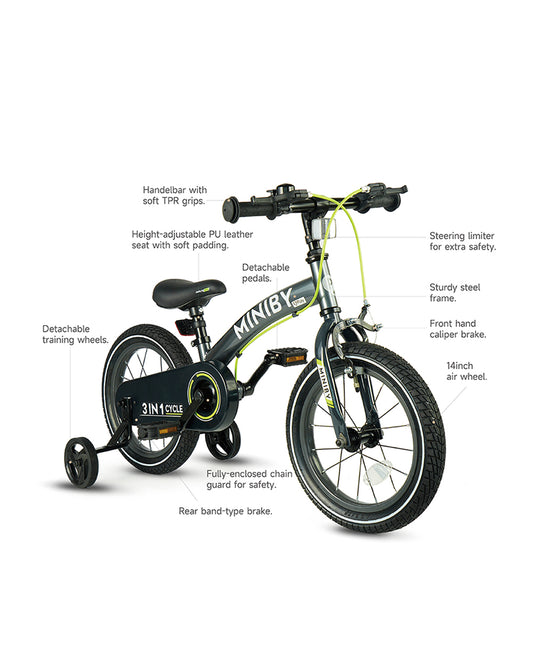 Qplay Miniby 3 in 1 Bike (14 Inch)-Balance Bike, Bicycle with Training Wheel Mode & Bicycle Mode-Adjustable Handlebar & Seat Height-Steering Limiter For Additional Safety-For 2.5 to 8Y-Grey