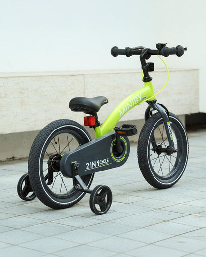 Qplay Miniby 3 in 1 Bike (14 Inch)-Balance Bike, Bicycle with Training Wheel Mode & Bicycle Mode-Adjustable Handlebar & Seat Height-Steering Limiter For Additional Safety-For 2.5 to 8Y-Green