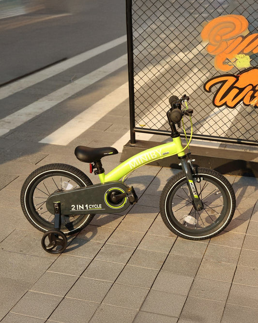 Qplay Miniby 3 in 1 Bike (14 Inch)-Balance Bike, Bicycle with Training Wheel Mode & Bicycle Mode-Adjustable Handlebar & Seat Height-Steering Limiter For Additional Safety-For 2.5 to 8Y-Green