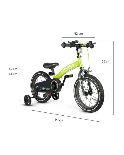 Qplay Miniby 3 in 1 Bike (14 Inch)-Balance Bike, Bicycle with Training Wheel Mode & Bicycle Mode-Adjustable Handlebar & Seat Height-Steering Limiter For Additional Safety-For 2.5 to 8Y-Green