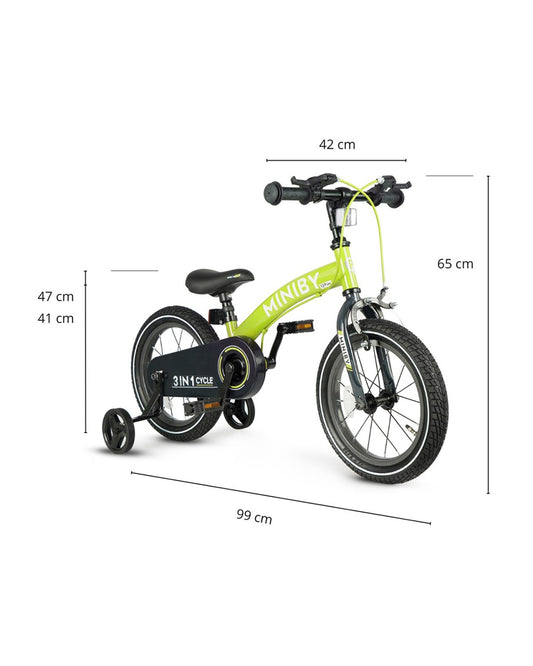 Qplay Miniby 3 in 1 Bike (14 Inch)-Balance Bike, Bicycle with Training Wheel Mode & Bicycle Mode-Adjustable Handlebar & Seat Height-Steering Limiter For Additional Safety-For 2.5 to 8Y-Green