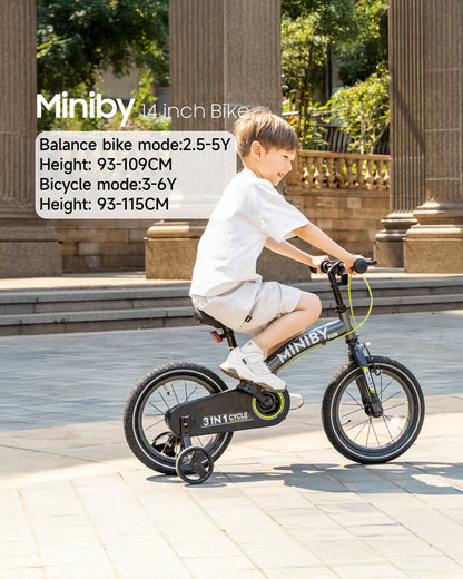 Qplay Miniby 3 in 1 Bike (14 Inch)-Balance Bike, Bicycle with Training Wheel Mode & Bicycle Mode-Adjustable Handlebar & Seat Height-Steering Limiter For Additional Safety-For 2.5 to 8Y-Green