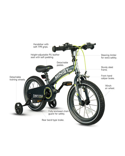 Qplay Miniby 3 in 1 Bike (14 Inch)-Balance Bike, Bicycle with Training Wheel Mode & Bicycle Mode-Adjustable Handlebar & Seat Height-Steering Limiter For Additional Safety-For 2.5 to 8Y-Green