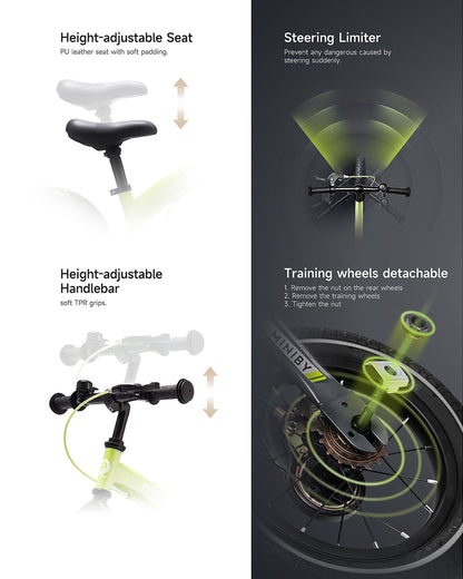 Qplay Miniby 3 in 1 Bike (14 Inch)-Balance Bike, Bicycle with Training Wheel Mode & Bicycle Mode-Adjustable Handlebar & Seat Height-Steering Limiter For Additional Safety-For 2.5 to 8Y-Green