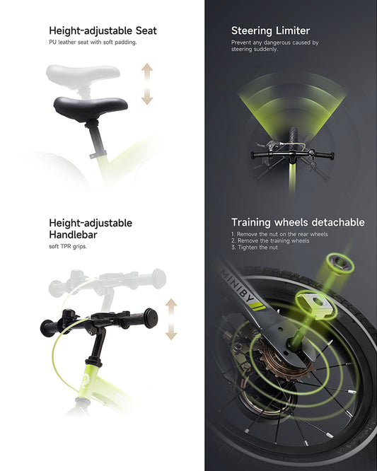 Qplay Miniby 3 in 1 Bike (14 Inch)-Balance Bike, Bicycle with Training Wheel Mode & Bicycle Mode-Adjustable Handlebar & Seat Height-Steering Limiter For Additional Safety-For 2.5 to 8Y-Green