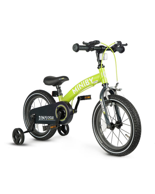 Qplay Miniby 3 in 1 Bike (14 Inch)-Balance Bike, Bicycle with Training Wheel Mode & Bicycle Mode-Adjustable Handlebar & Seat Height-Steering Limiter For Additional Safety-For 2.5 to 8Y-Green