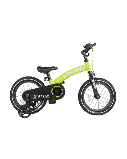 Qplay Miniby 3 in 1 Bike (14 Inch)-Balance Bike, Bicycle with Training Wheel Mode & Bicycle Mode-Adjustable Handlebar & Seat Height-Steering Limiter For Additional Safety-For 2.5 to 8Y-Green