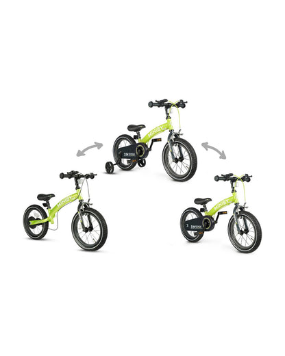 Qplay Miniby 3 in 1 Bike (14 Inch)-Balance Bike, Bicycle with Training Wheel Mode & Bicycle Mode-Adjustable Handlebar & Seat Height-Steering Limiter For Additional Safety-For 2.5 to 8Y-Green