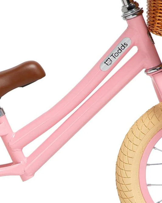 Todds Balance Bike-ISO 8124 Certified-12 Inches-Adjustable Handlebar & Seat Height-Hand Stitched Custom Grip-Non Toxic Lead Free Paint-18M+-Popsicle Pink