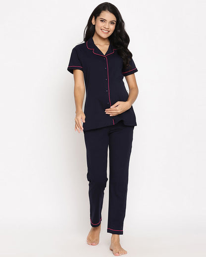 Wobbly Walk Navy Blue Maternity Nursing Night Suit-Classic Neck-Solid Color-Cotton-Bump Friendly