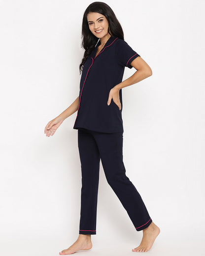 Wobbly Walk Navy Blue Maternity Nursing Night Suit-Classic Neck-Solid Color-Cotton-Bump Friendly