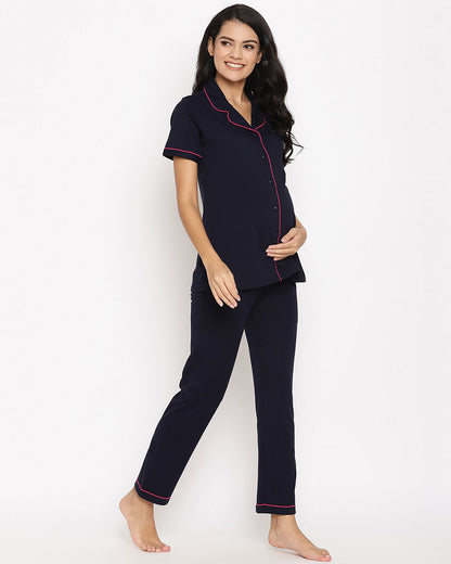 Wobbly Walk Navy Blue Maternity Nursing Night Suit-Classic Neck-Solid Color-Cotton-Bump Friendly