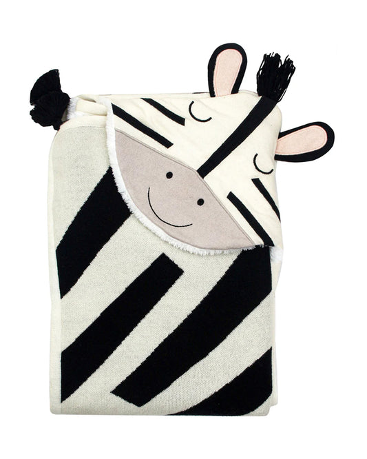 Pomme Zebra Knitted Ultra Soft Hooded Blanket-100% Cotton-Black & White-For Infants
