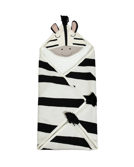 Pomme Zebra Knitted Ultra Soft Hooded Blanket-100% Cotton-Black & White-For Infants