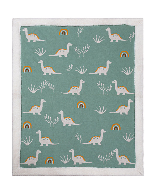 Pomme Cute Dino Knitted Ultra Soft Sherpa Blanket-100% Cotton-Sage Green-For Infants