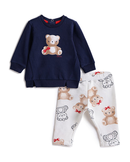 Chicco Navy Blue & White Winter Wear Sweatshirt & Pajama Set-Teddy Print-Cotton & Elastane-For Infants