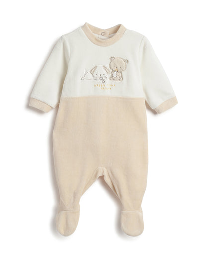 Chicco Beige & White Sleepsuit-Embroidered-Cotton & Polyester-For Infants
