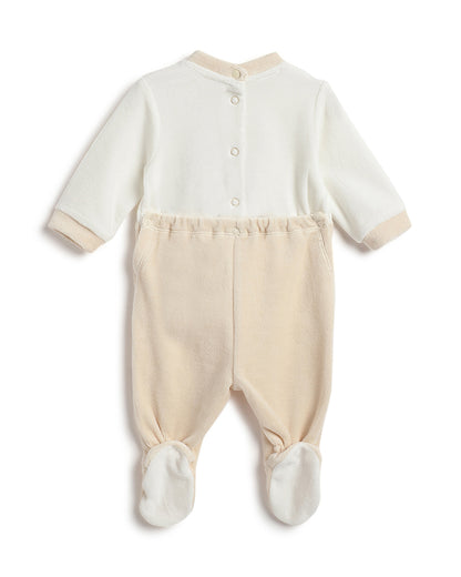 Chicco Beige & White Sleepsuit-Embroidered-Cotton & Polyester-For Infants