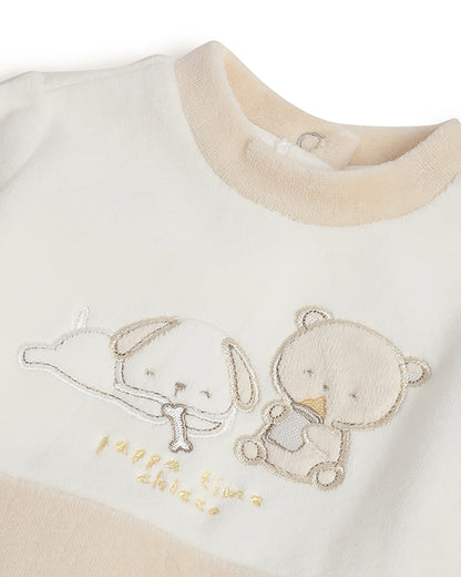 Chicco Beige & White Sleepsuit-Embroidered-Cotton & Polyester-For Infants
