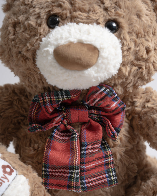 Just Bear Furry Bowbert With Checkered Bow Plush Soft Toy-Improves Motor Skills-36M+