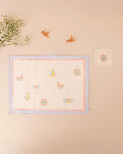 Baby Forest Laminated Dining Mat & Coaster Set - 100% Cotton - Light Blue & Skin