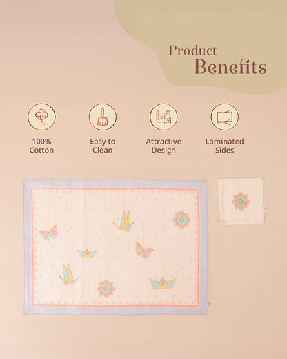 Baby Forest Laminated Dining Mat & Coaster Set - 100% Cotton - Light Blue & Skin