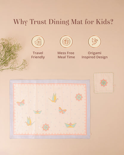 Baby Forest Laminated Dining Mat & Coaster Set - 100% Cotton - Light Blue & Skin