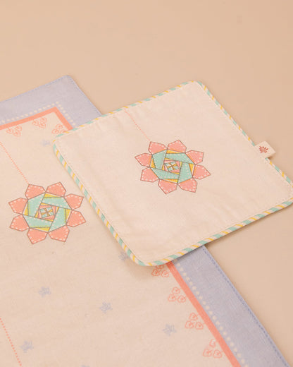 Baby Forest Laminated Dining Mat & Coaster Set - 100% Cotton - Light Blue & Skin