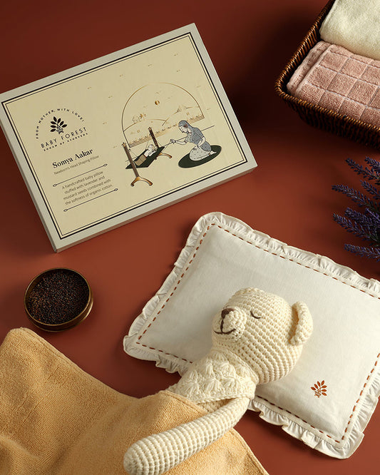 Baby Forest Somya Aakar Mustard Pillow with Lavender-Supports Head Shaping-Removable & washable-White-For Infants