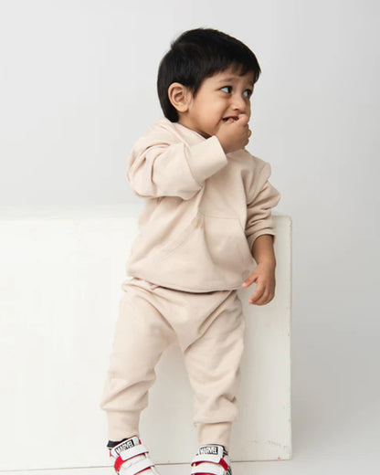 Cot & Candy Baby Beige Winter Wear Hoodie & Jogger Set-Solid-GOTS Certified Organic Fleece-For Infants