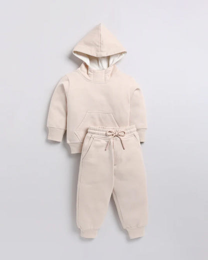 Cot & Candy Baby Beige Winter Wear Hoodie & Jogger Set-Solid-GOTS Certified Organic Fleece-For Infants