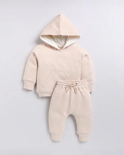 Cot & Candy Baby Beige Winter Wear Hoodie & Jogger Set-Solid-GOTS Certified Organic Fleece-For Infants