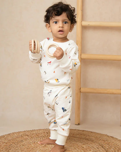 Cot & Candy Baby Off White Winter Wear Sweatshirt & Jogger Set-Construction-GOTS Certified Organic Fleece-For Infants