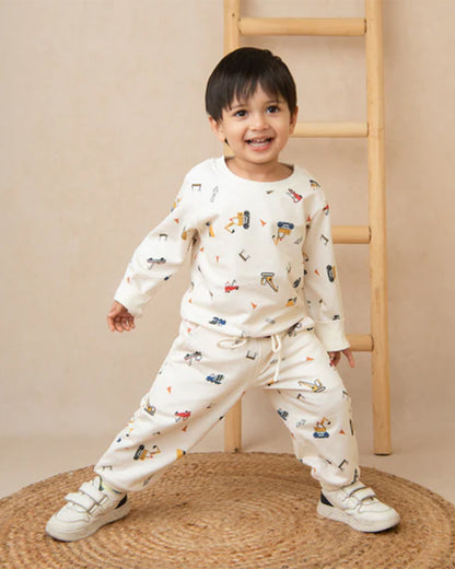 Cot & Candy Baby Off White Winter Wear Sweatshirt & Jogger Set-Construction-GOTS Certified Organic Fleece-For Infants