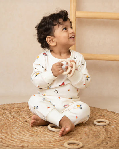 Cot & Candy Baby Off White Winter Wear Sweatshirt & Jogger Set-Construction-GOTS Certified Organic Fleece-For Infants