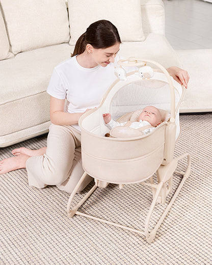 Mastela 4 in 1 Swing & Bassinet-12 Melodies-Adjustable Backrest-5 Points Harness-Breathable Mesh Sides & Soft Headrest-For 0 to 36M (Upto 15 Kg)-Bronze
