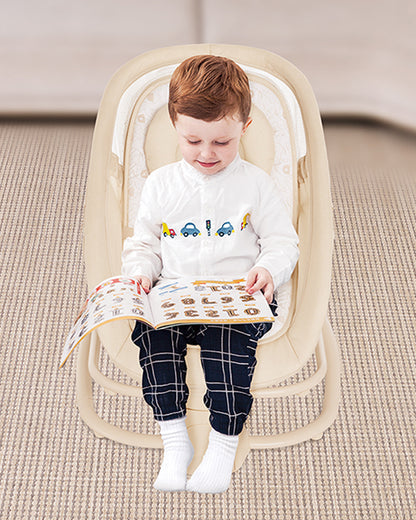 Mastela Deluxe 4 in 1 Swing & Rocker-5 Angle Side To Side Motion-Canopy with Net & Two Toys-15 Melodies With Volume Control-For 0 to 36M (Upto 15 Kg)-Bronze