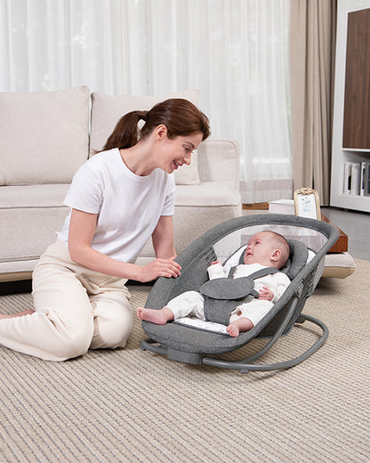 Mastela Deluxe 4 in 1 Swing & Rocker-5 Angle Side To Side Motion-Canopy with Net & Two Toys-15 Melodies With Volume Control-For 0 to 36M (Upto 15 Kg)-Dark Grey