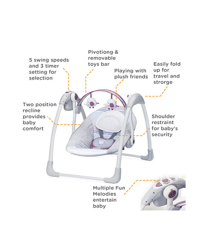 Mastela Deluxe Portable Swing-Compact Fold-2 Position Recline-With 5 Swing Speeds-Upto 9 Kg-For Infants-Grey