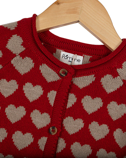 Pomme Crimson Red Cardigan-Heart Print-100% Cotton-For Infants