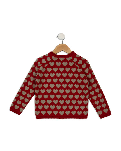 Pomme Crimson Red Cardigan-Heart Print-100% Cotton-For Infants